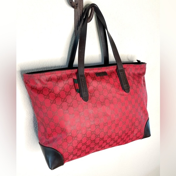 Gucci Red GG Canvas Tote Bag with Brown Leather Trim Corners Shopper Authentic - Picture 1 of 16